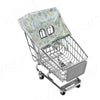 Silver shopping cart with a floral patterned light blue seat cover and wheels