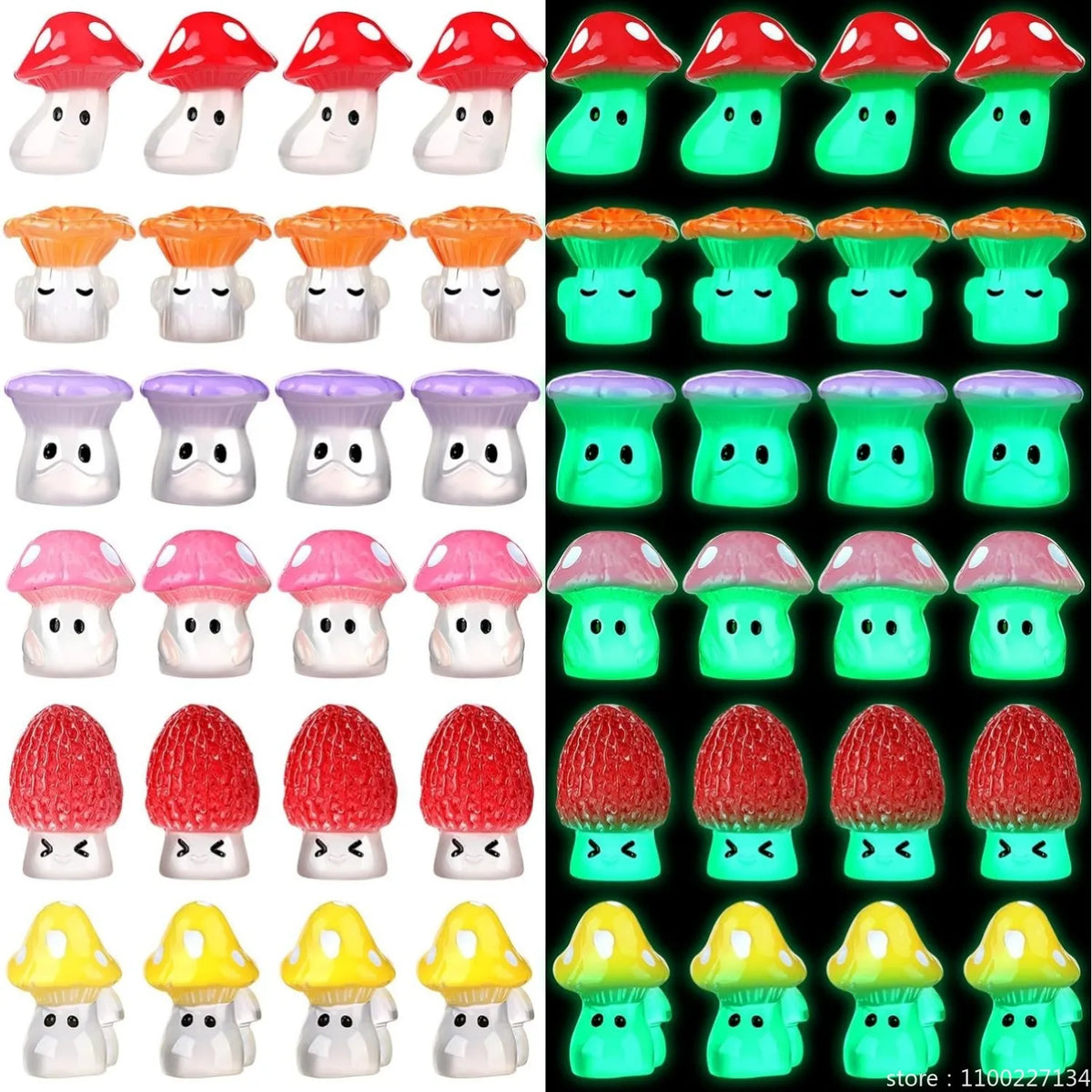 A collection of glow-in-the-dark resin miniature mushrooms in various colors and shapes for fairy garden décor.