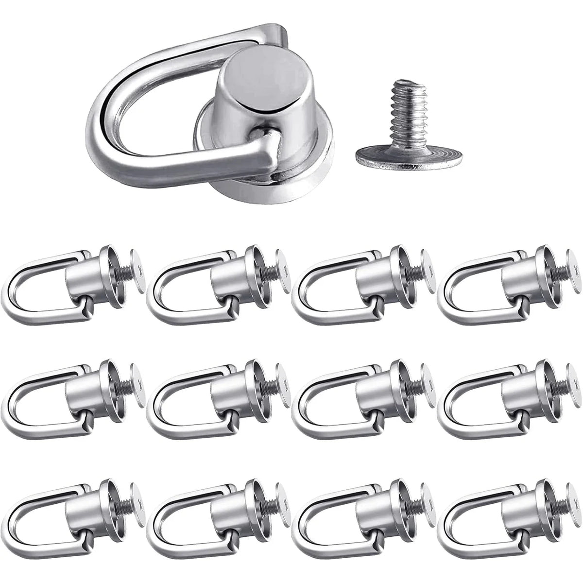 A collection of vintage metal D-ring buckle clips and a separate screw is shown.