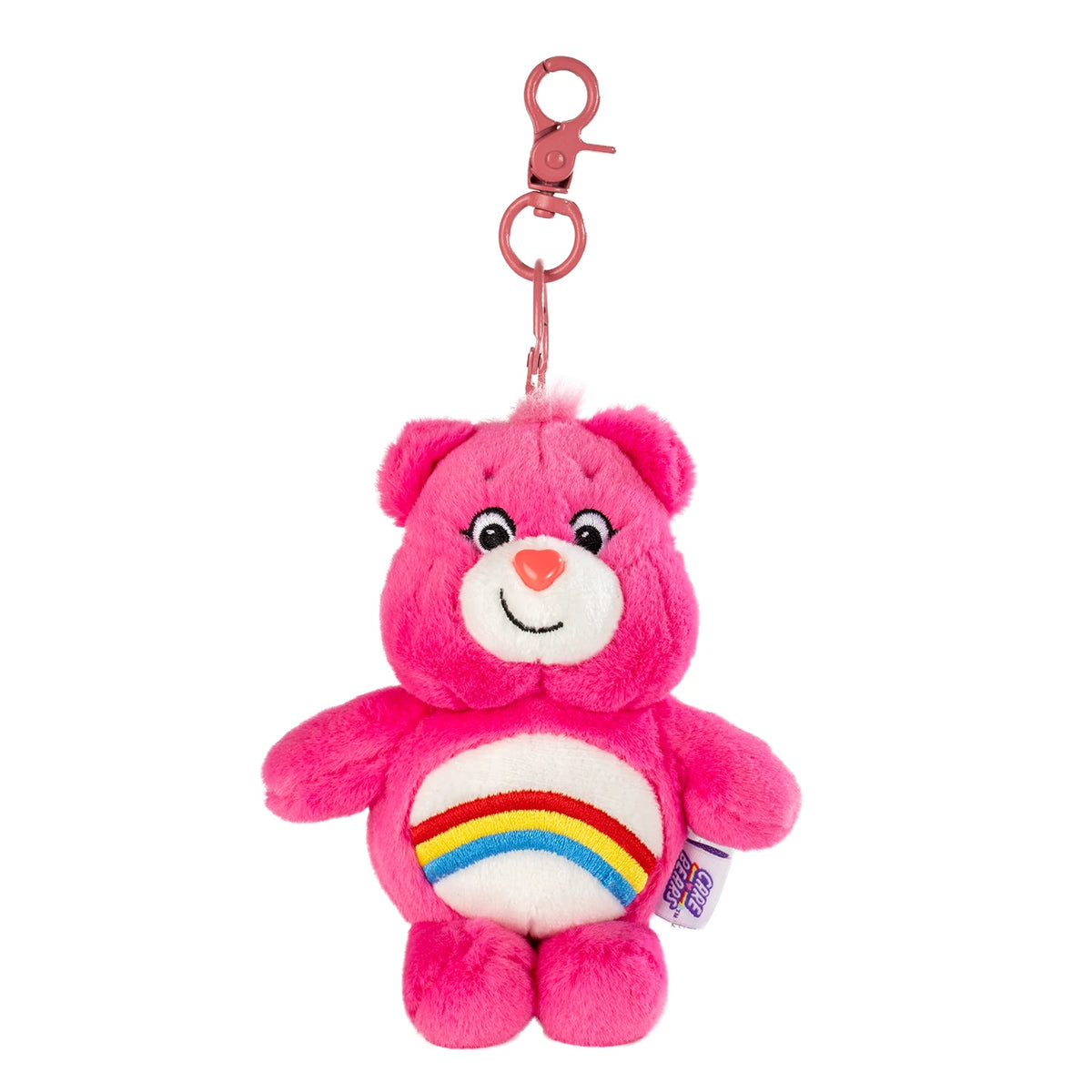 Pink Care Bears plush keychain charm with a rainbow design