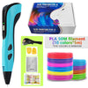 A blue 3D printing pen with a Type-C battery and various colored PLA filament spools.