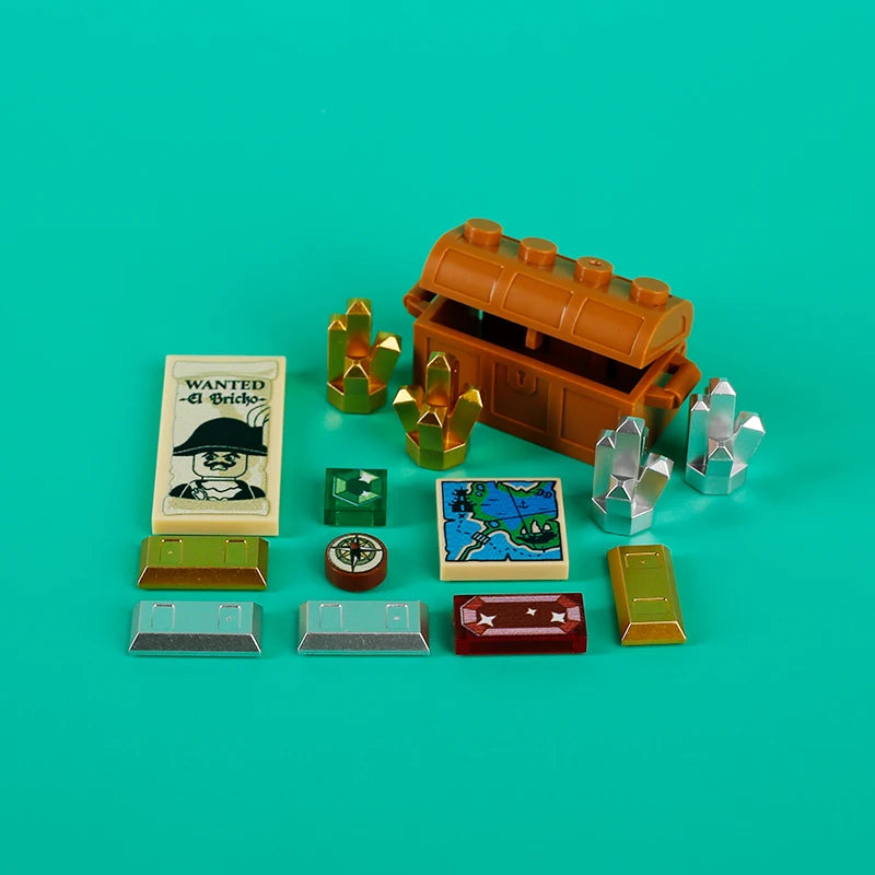 A collection of building blocks, including a treasure chest, gold and silver coins, and various colored blocks on a teal back