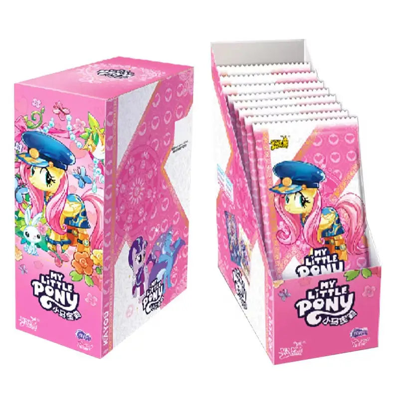 A box of My Little Pony Friendship Cards with themed pouches and a stack of cards inside.