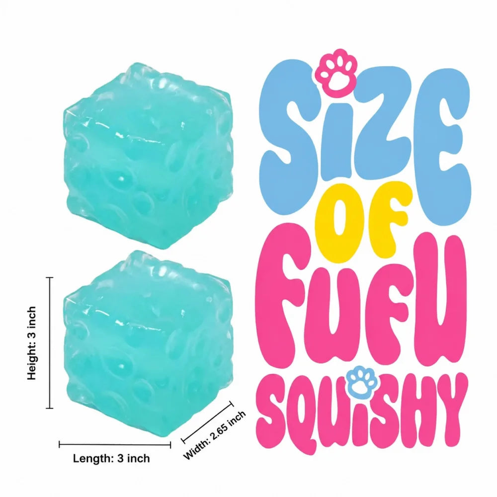 A light blue, translucent squishy cheese block stress relief toy with a paw print design.