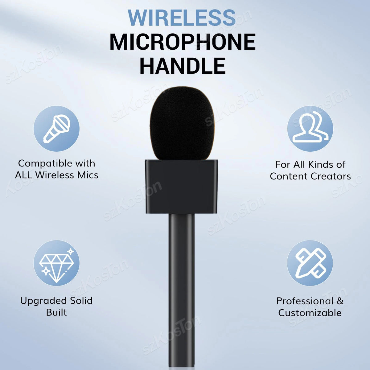 A black wireless microphone handle with a foam windscreen and a threaded shaft.