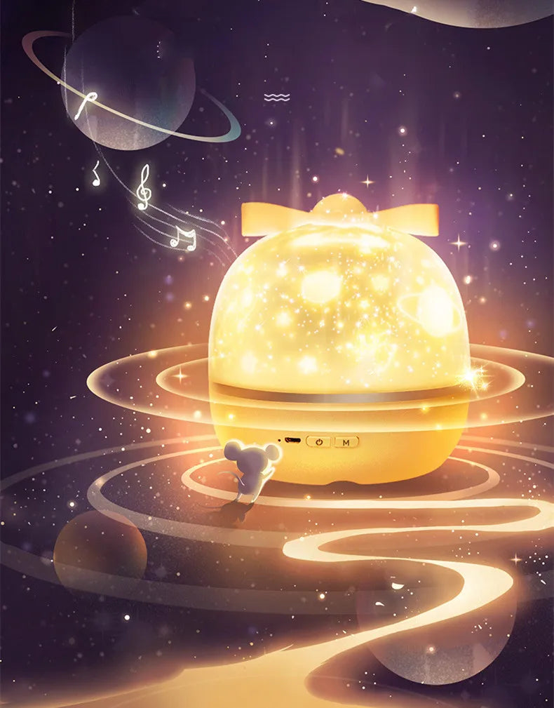 A glowing yellow spherical night light projector emitting swirling galaxy patterns and musical notes against a dark starry ba