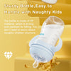 A light blue anti-colic baby bottle with a handle is shown in a yellow container.