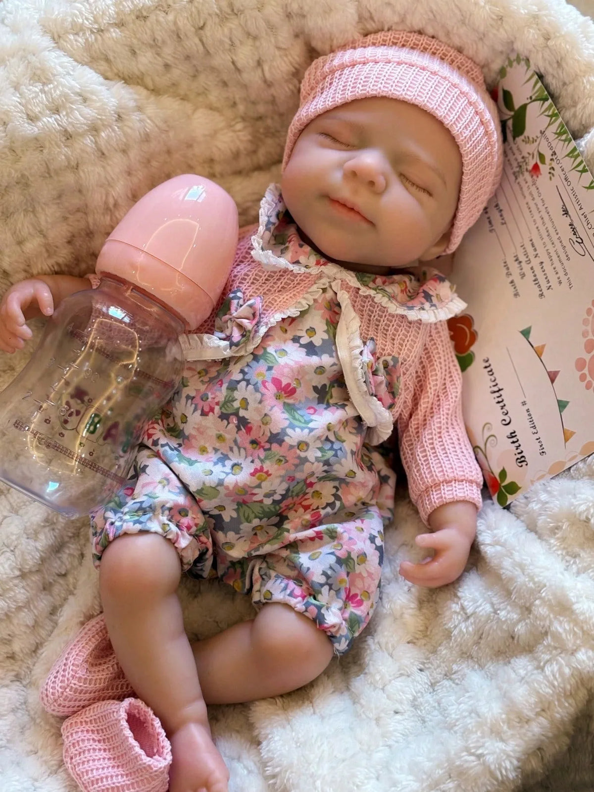 A newborn silicone reborn baby doll wearing a floral outfit is resting on a fluffy white blanket.
