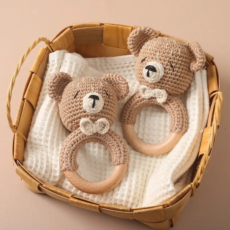 Crochet Bunny Rattle & Teether Toy with Wooden Ring