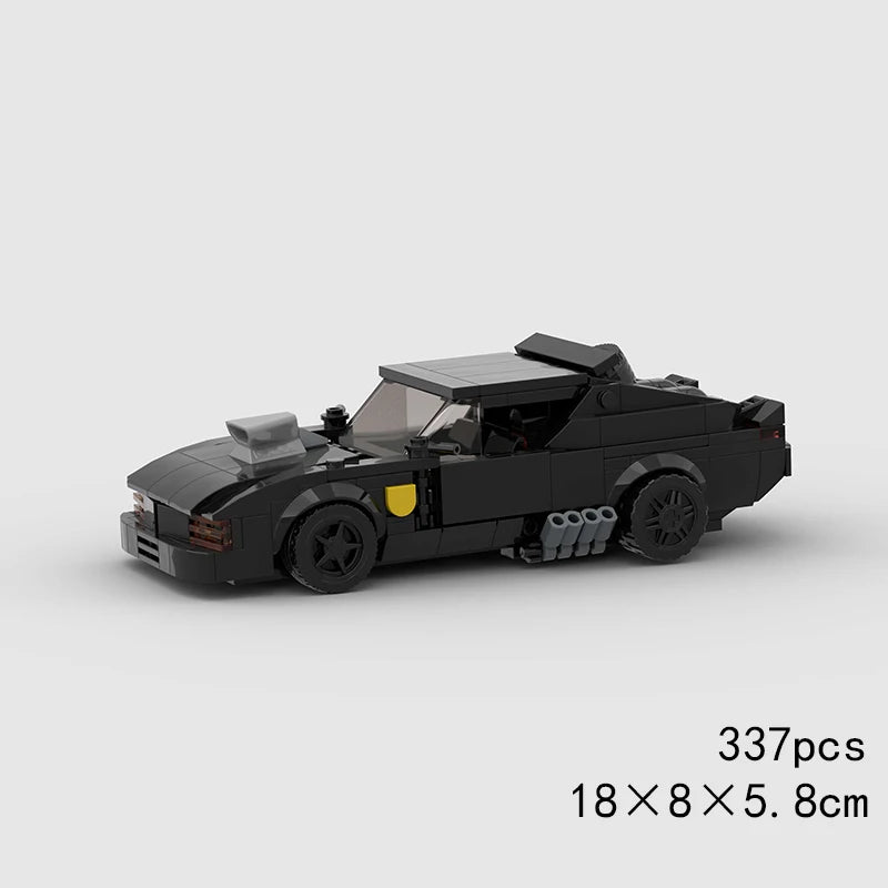 A black classic rally car model built from LEGO bricks.