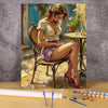 A painting by numbers kit featuring an elegant woman portrait, painted in soft yellows and greens.