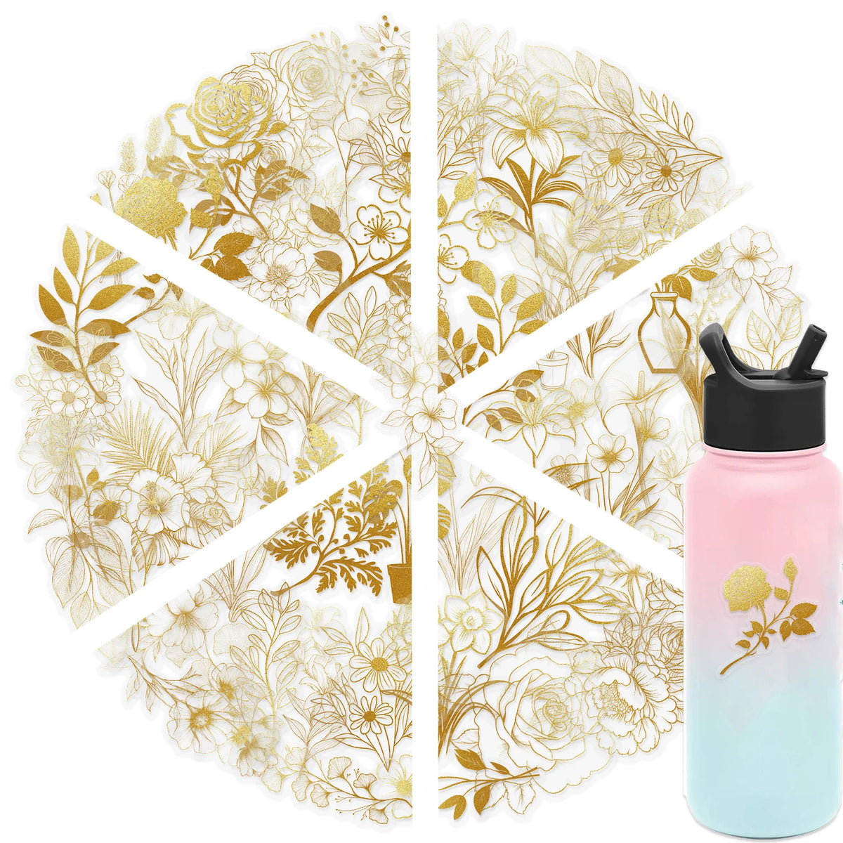 A transparent sticker pack featuring golden botanical line art designs arranged in a cross pattern.