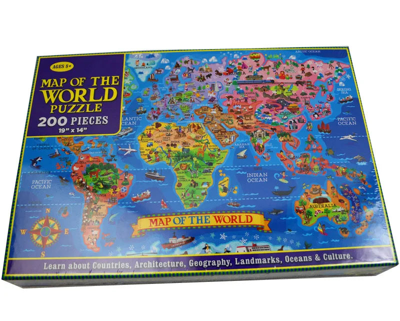 A box of a 200-piece map puzzle titled Map of the World featuring various continents and oceans.