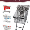A black shopping cart with a gray seat cover draped over it, shown next to various sized shopping carts.