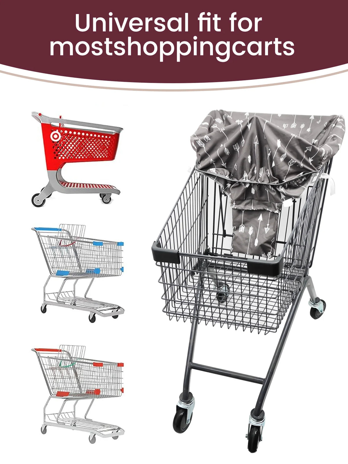 A black shopping cart with a gray seat cover draped over it, shown next to various sized shopping carts.