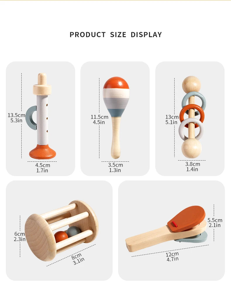 Display of wooden hand bells and a wooden spatula for sensory play.