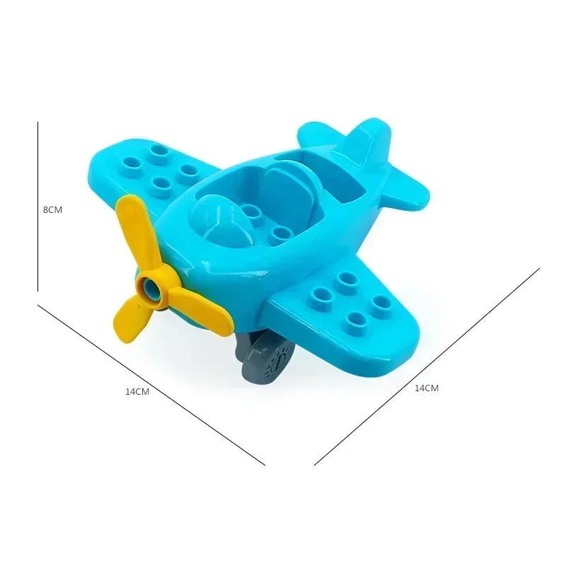 A bright blue city traffic vehicle building blocks set featuring trucks and buses.