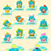 A collection of blind box figures featuring Hatsune Miku fruit themes, including various colored and themed characters.
