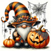 A whimsical gnome character wearing a striped hat and beard surrounded by pumpkins and a spiderweb.