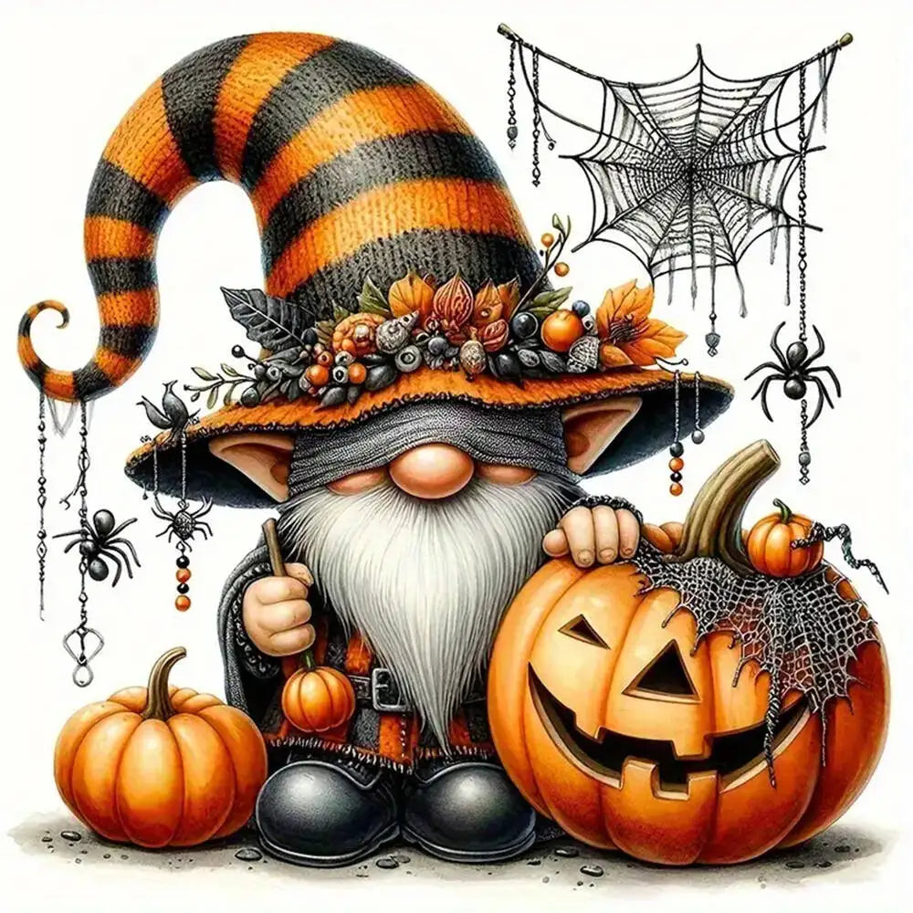 A whimsical gnome character wearing a striped hat and beard surrounded by pumpkins and a spiderweb.