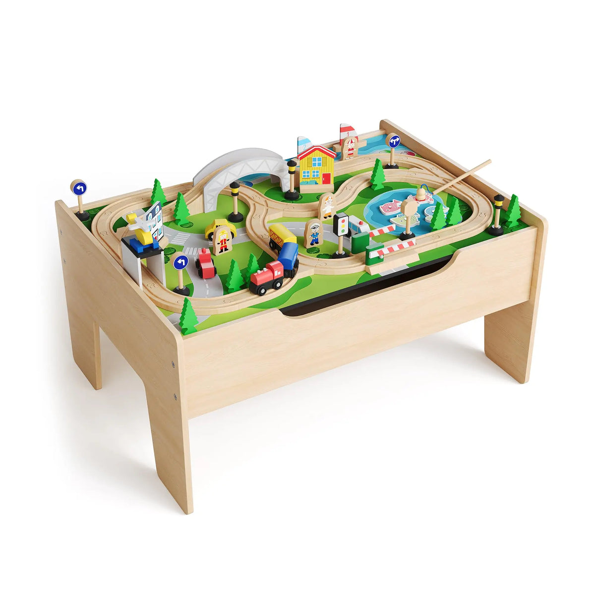 A wooden train table set featuring a reversible activity top and storage drawer with various miniature train and building ele