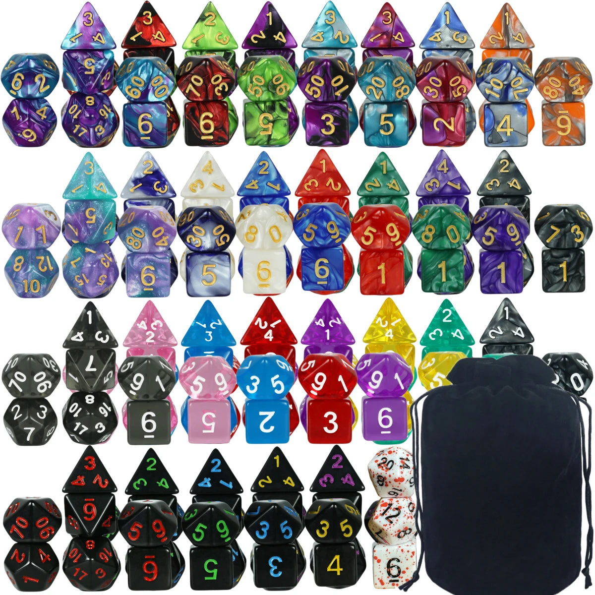 A collection of polyhedral dice in various colors and shapes, including d4 through d10 and d12s.