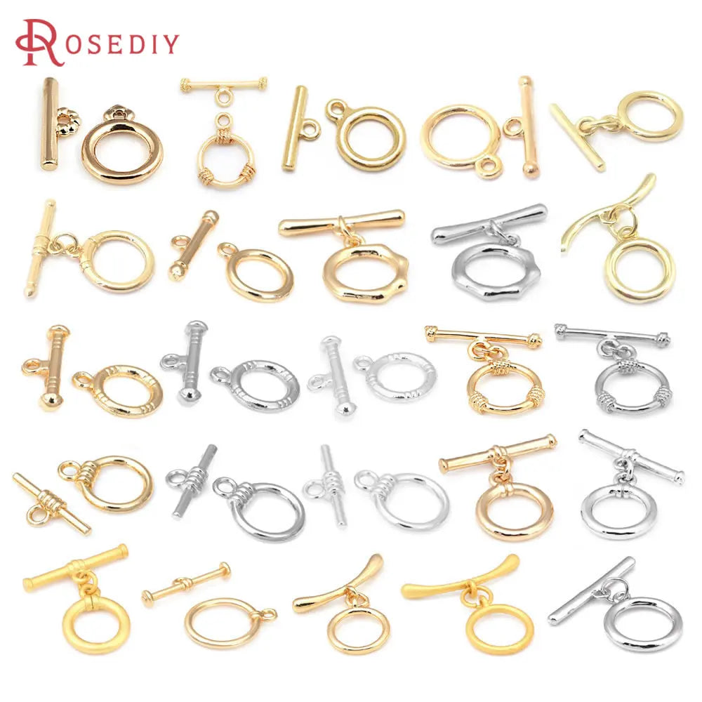 A collection of 18K gold round O-toggle clasps and findings for bracelets and jewelry making.