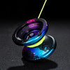 A professional aluminum alloy yo-yo with a high-speed ball bearing, featuring iridescent blue and purple colors.