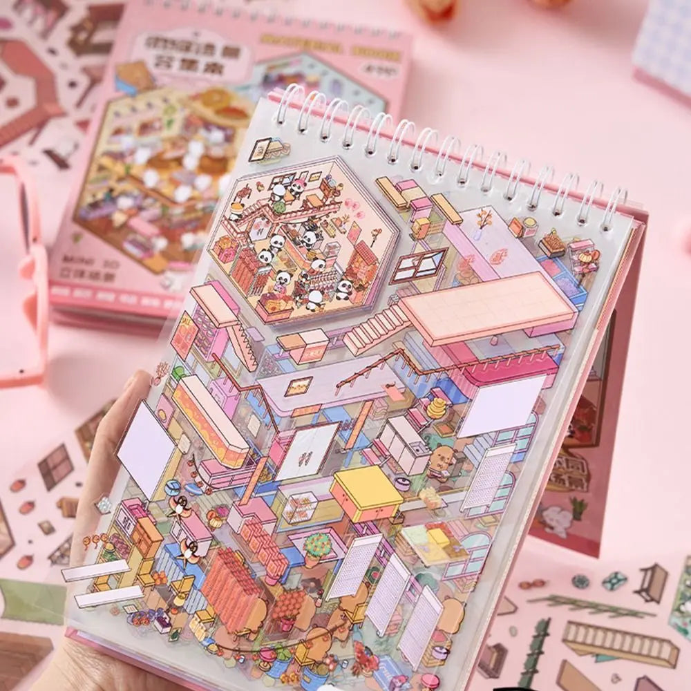 A hand holds an open sticker book featuring colorful 3D cabin scenes and creative designs.