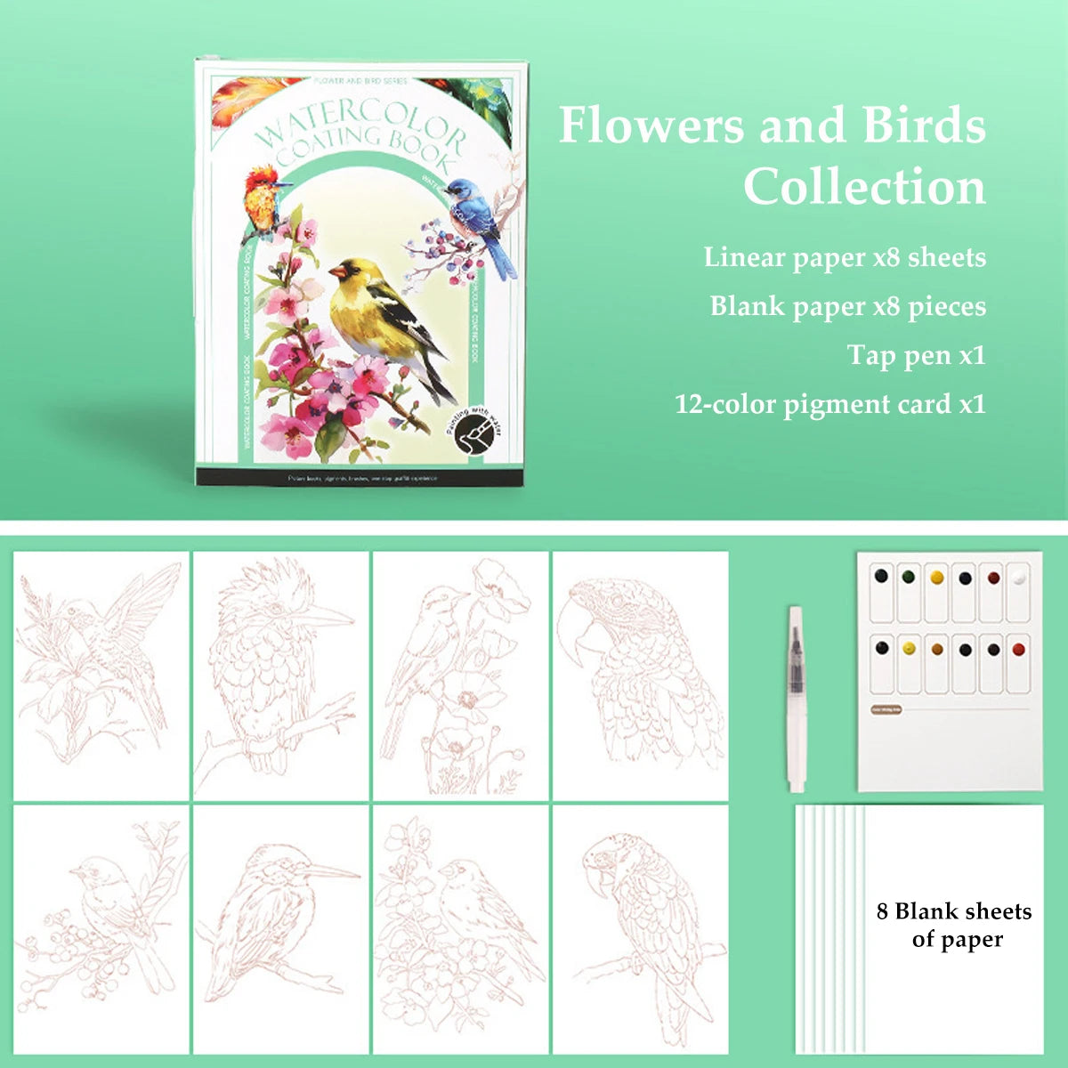 A watercolor coloring book set featuring flowers and birds with blank paper sheets and pigment cards.