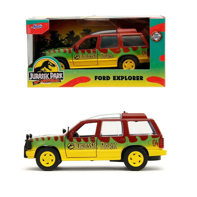 A diecast collectible model of a Jurassic Park themed Ford Explorer toy vehicle.