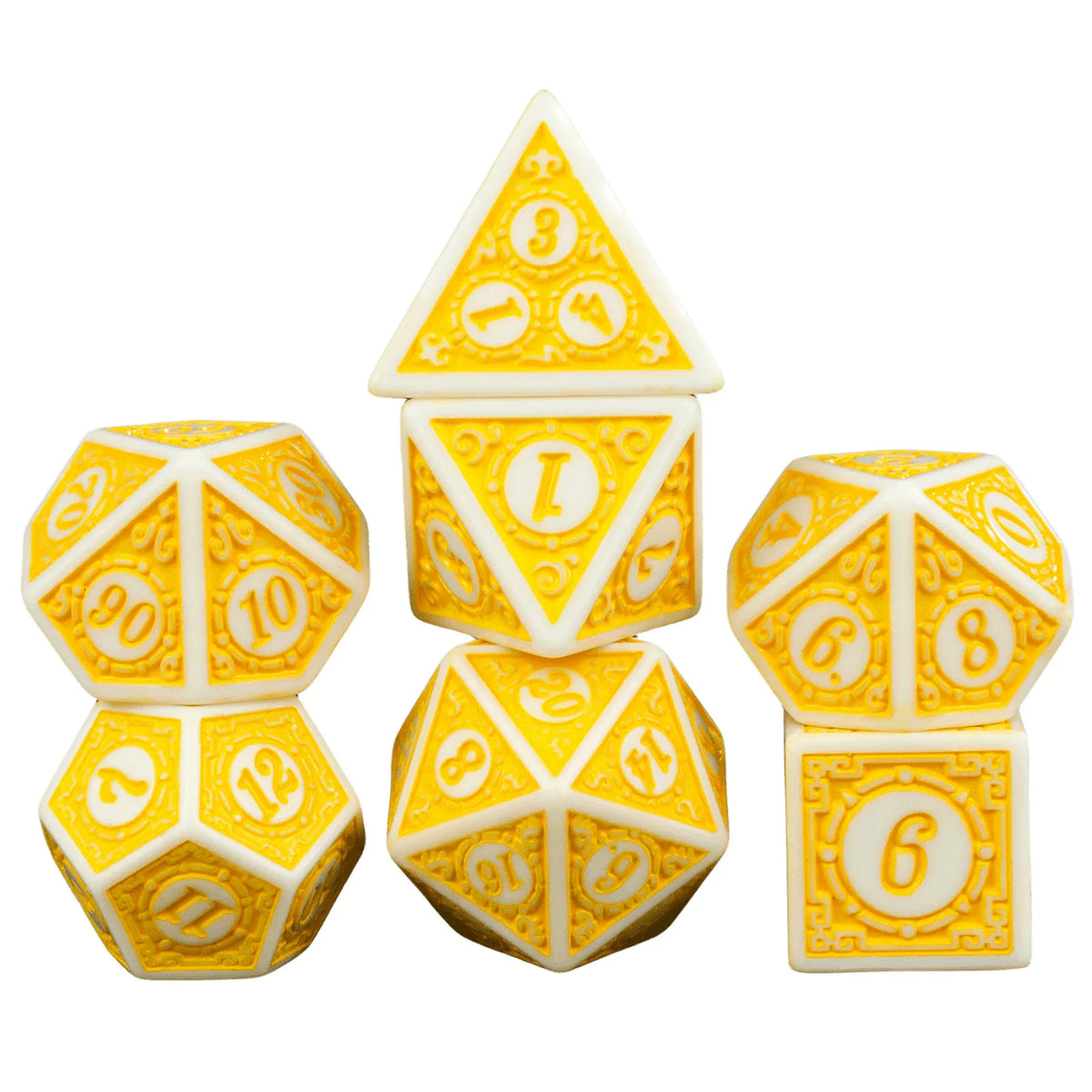A set of yellow polyhedral dice including a tetrahedron, octahedron, and dodecahedron.