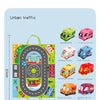 A set of soft fabric car toys with a map game mat and storage bag showing various vehicles like taxis, ambulances, and garbag