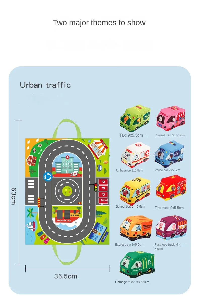 A set of soft fabric car toys with a map game mat and storage bag showing various vehicles like taxis, ambulances, and garbag