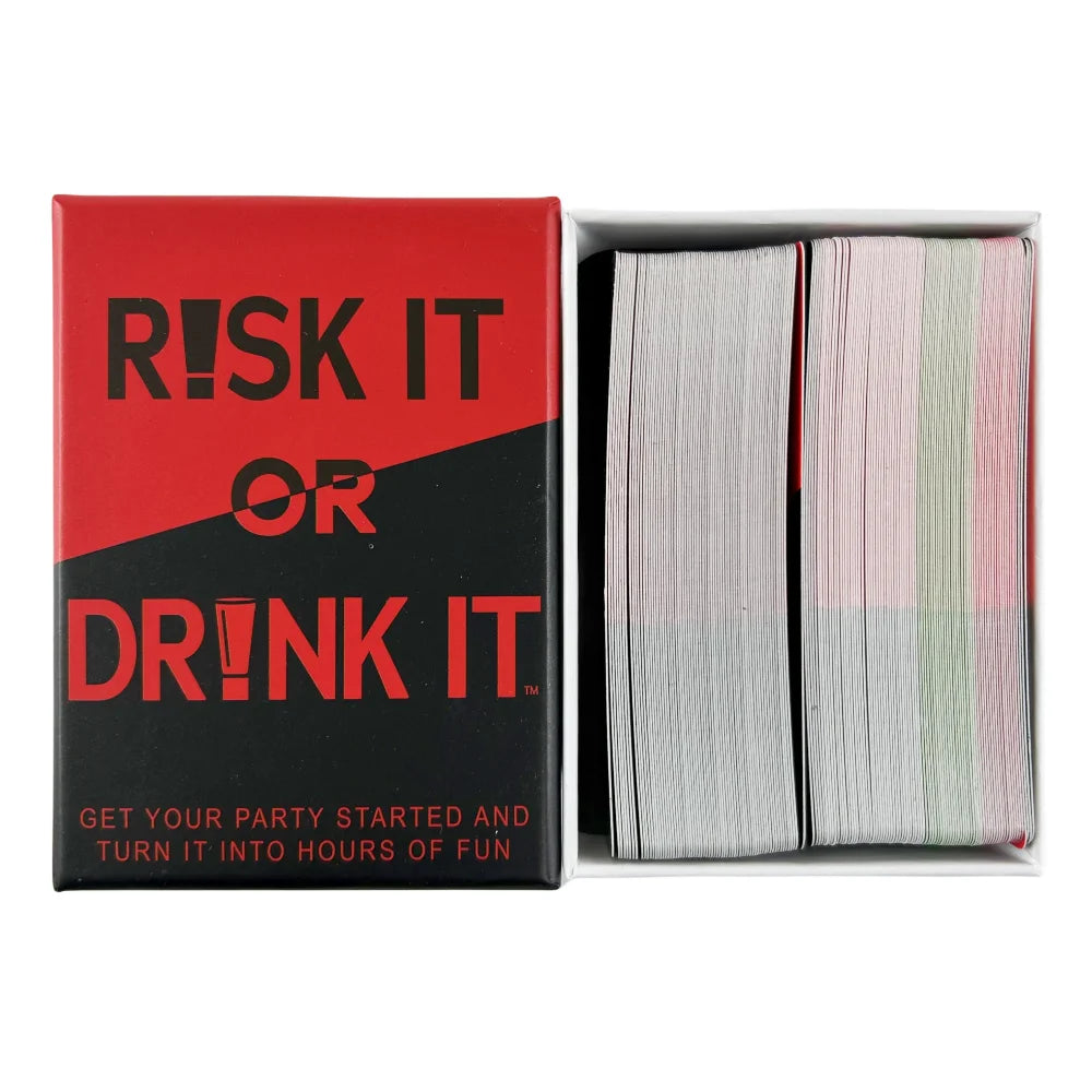 Box of the Risk It or Drink It party card game featuring a red and black design with a white interior showing stacked cards.
