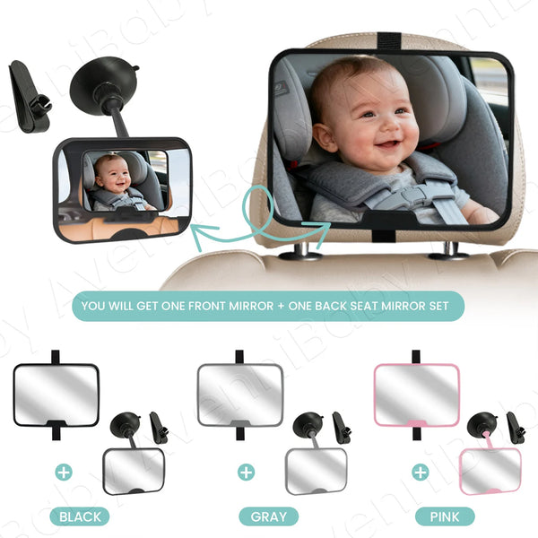 A set of three car mirrors in black, gray, and pink for baby seats.