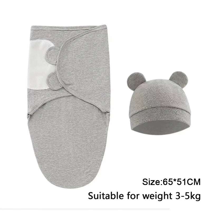 Gray cotton newborn swaddle blanket and hat set suitable for weight 3-5kg