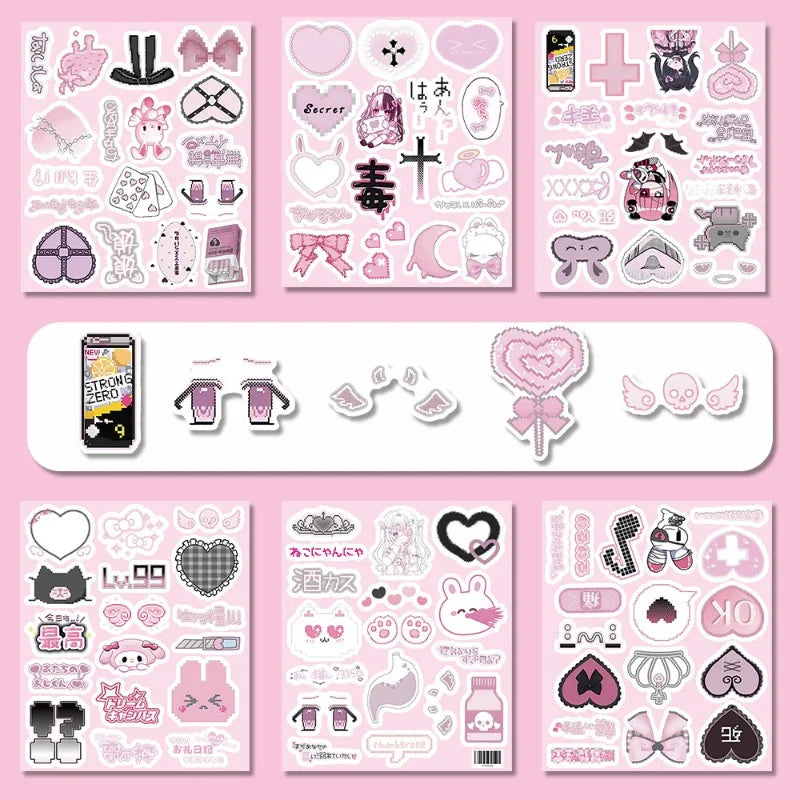 A collection of retro Japanese stickers featuring cute and aesthetic designs for laptops, phones, and scrapbooking.