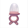 A silicone baby food feeder with a clear dome and pink silicone teether.