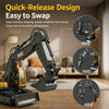 A black RC excavator arm with interchangeable alloy and ABS attachments shown in a living room setting.