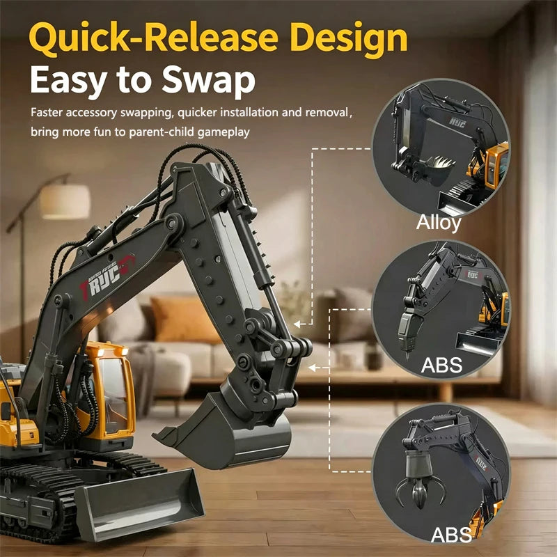 A black RC excavator arm with interchangeable alloy and ABS attachments shown in a living room setting.