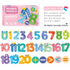 A box of number puzzle magnets featuring digits from zero to twenty, including letters and symbols for learning.