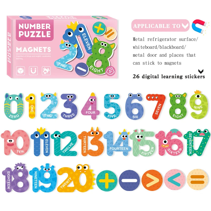 A box of number puzzle magnets featuring digits from zero to twenty, including letters and symbols for learning.