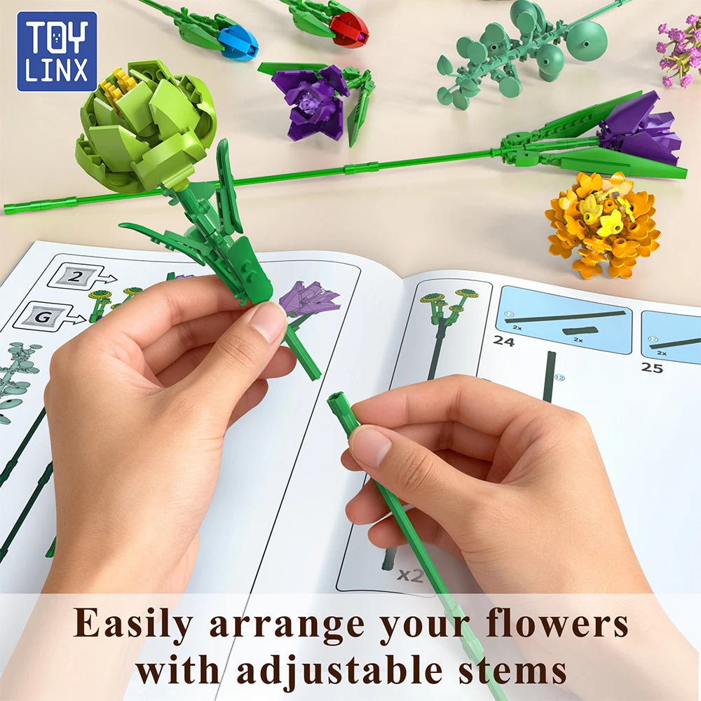 Hands arrange colorful flowers with adjustable stems from a building block set.
