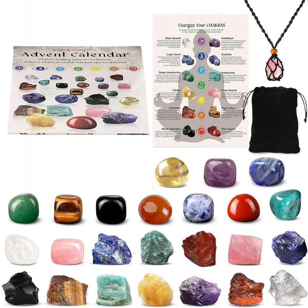 A collection of various colored crystals and stones presented in an advent calendar format.