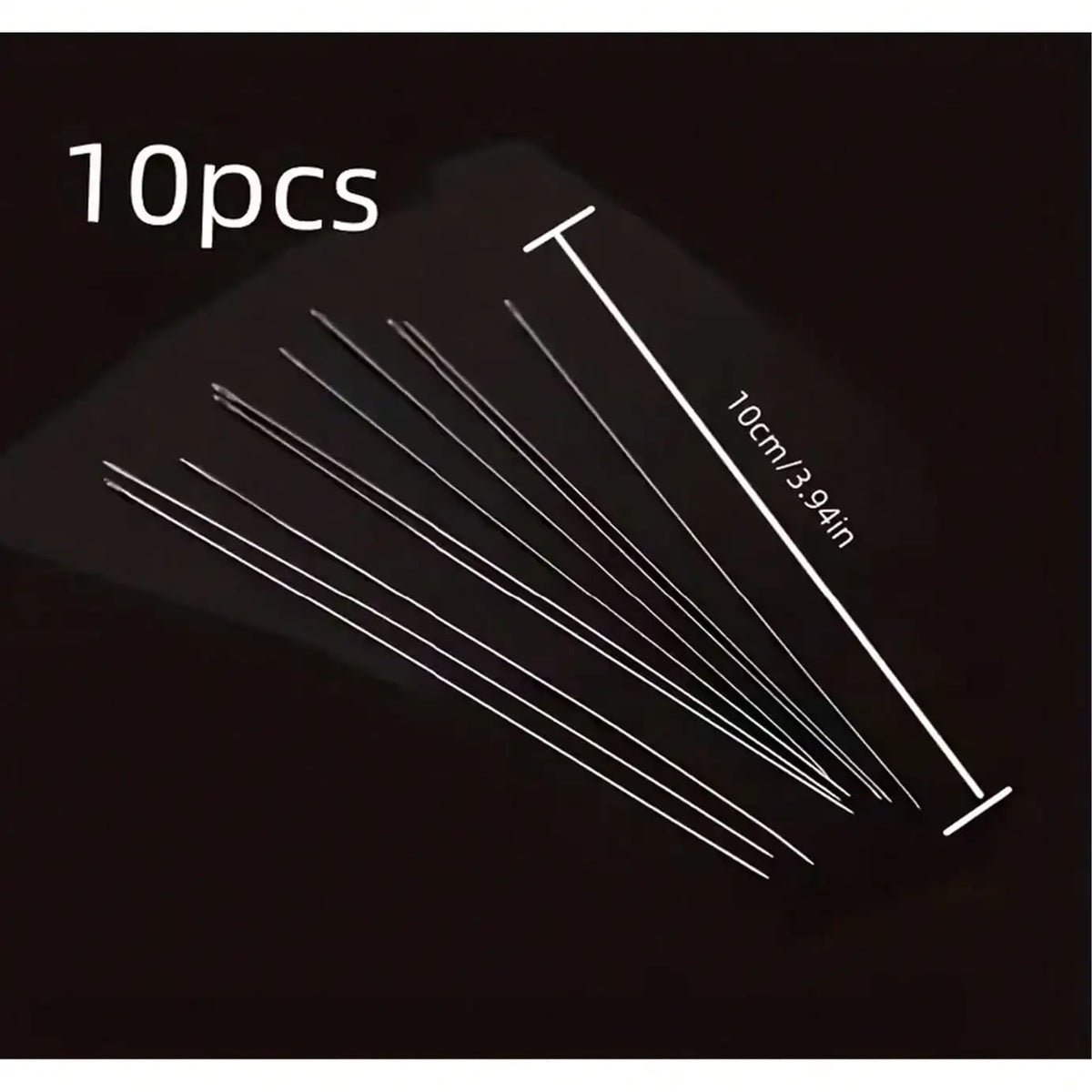 A set of ten ultra-fine metal beading needles for jewelry making shown at an angle against a dark background.
