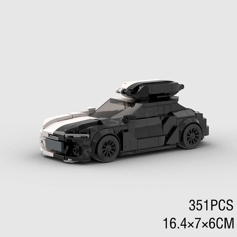 A black and white classic rally car building block set with a hood and wheels.