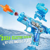 A blue electric water blaster toy is shown firing a stream of water, set against a watery background.