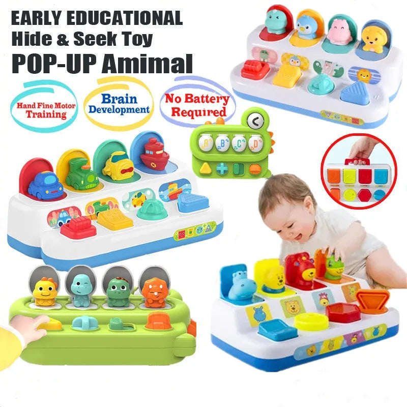 A set of Montessori pop-up animal toys for toddlers featuring hide and seek sensory games and brain development activities.