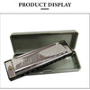 Display of a 10-hole diatonic harmonica in C with stainless steel covers inside its case.